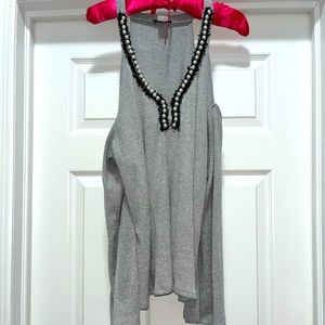 Pearl trim cold shoulder sweater